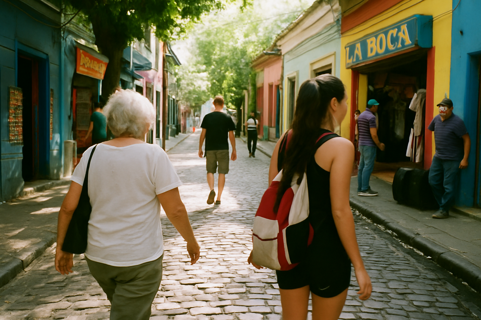 Personas caminando en una calle empedrada en La Boca