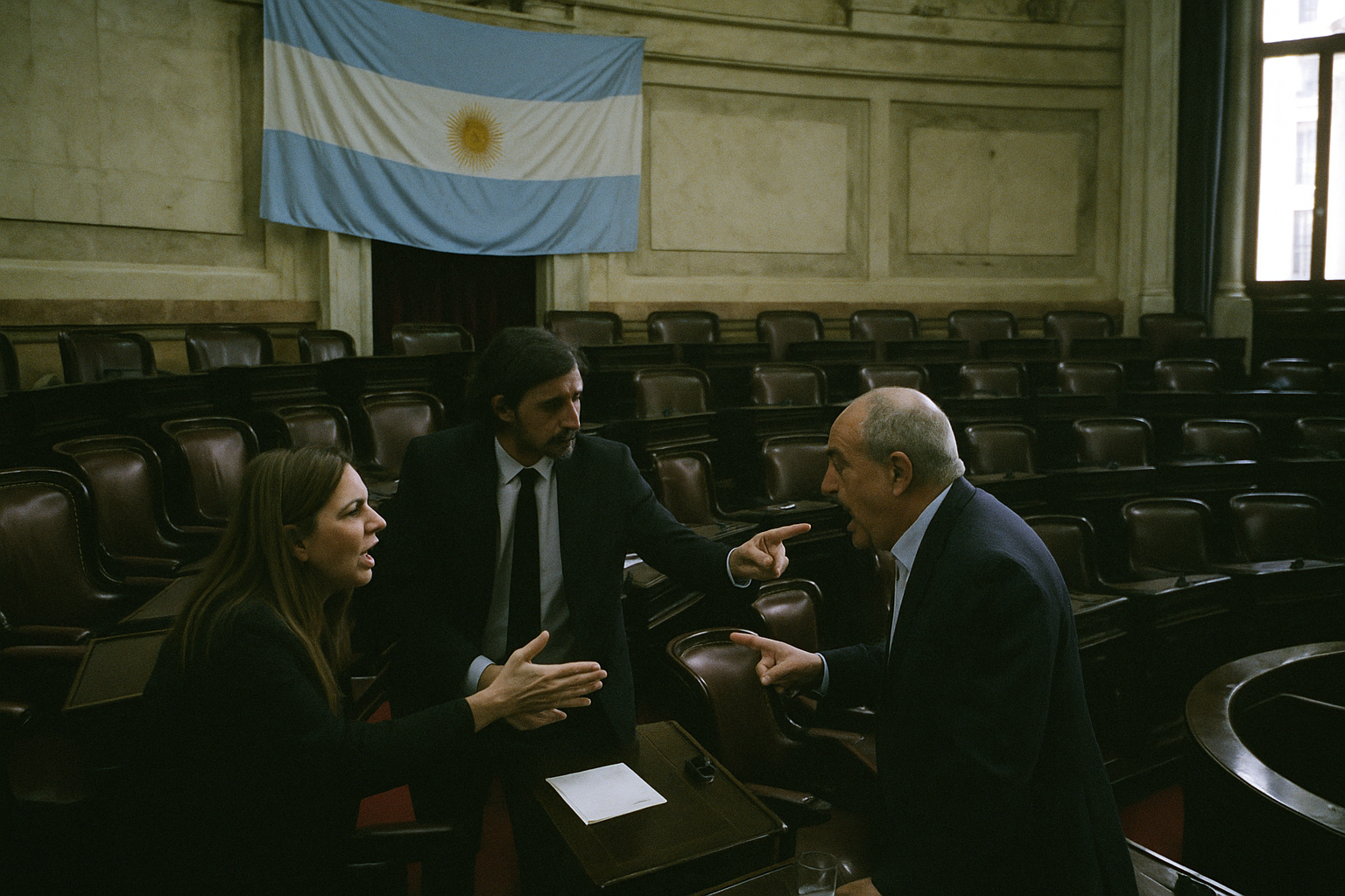 Sesión del Senado argentino con bancas vacías y algunos senadores discutiendo, bajo una bandera argentina.
