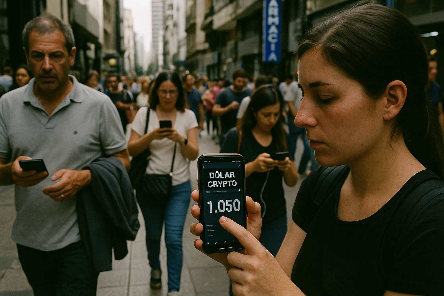 Persona revisa su teléfono en una calle de Buenos Aires