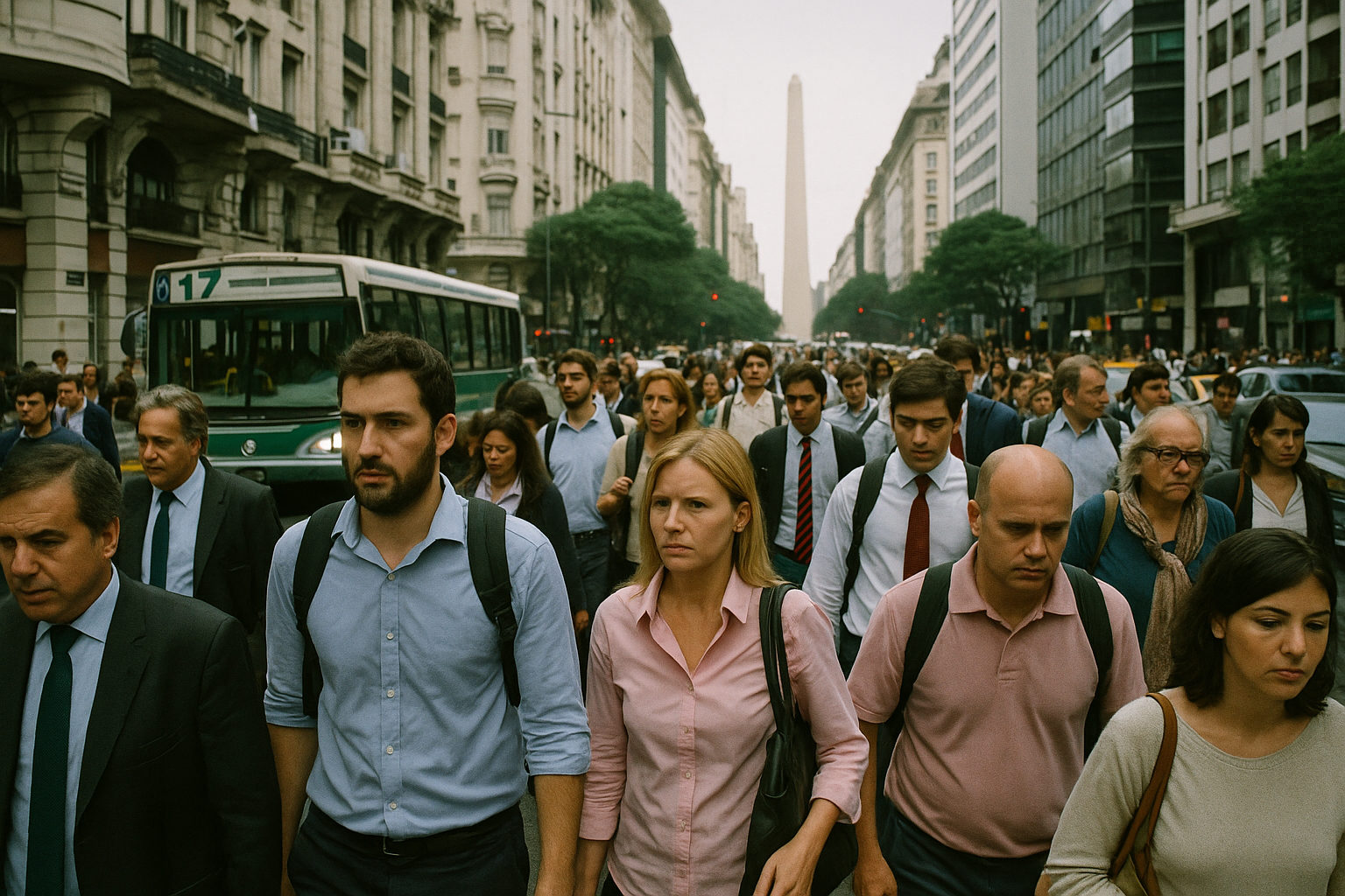 Gente transitando una calle en Buenos Aires, reflejando la vida laboral cotidiana.