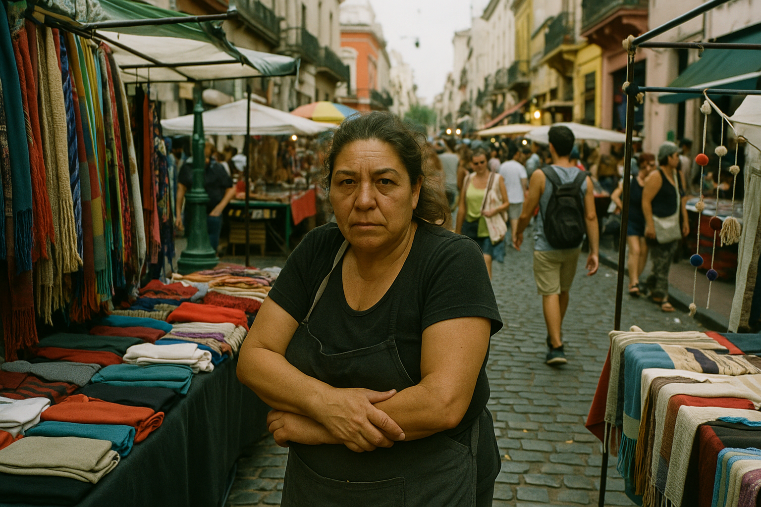 Un pequeño empresario en un mercado de calle en Buenos Aires, rodeado de colores vibrantes y ambiente animado