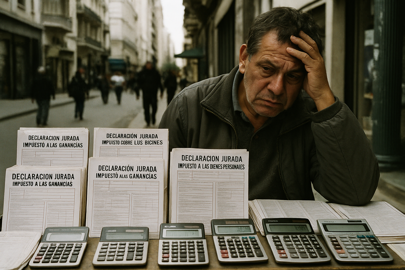 Un vendedor ambulante en Buenos Aires rodeado de formularios de impuestos y calculadoras