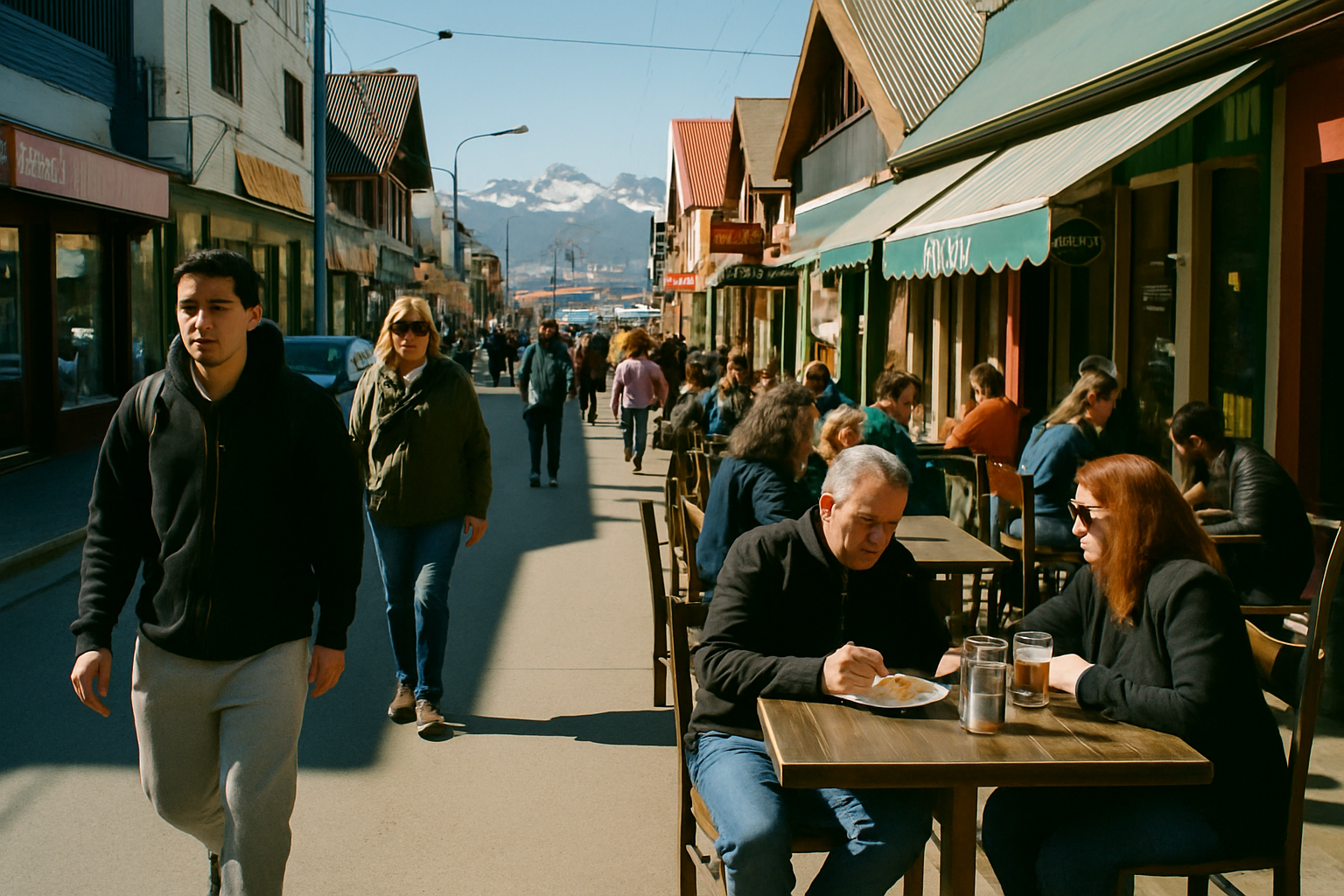 Calle principal en Ushuaia con el puerto al fondo