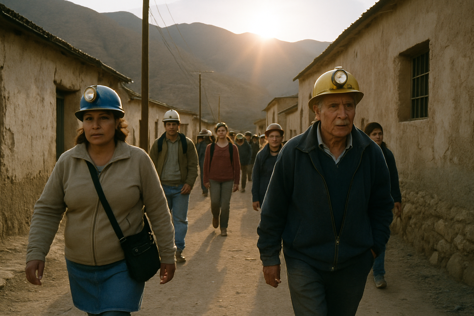 Personas caminando hacia minas en un barrio minero de Jujuy.