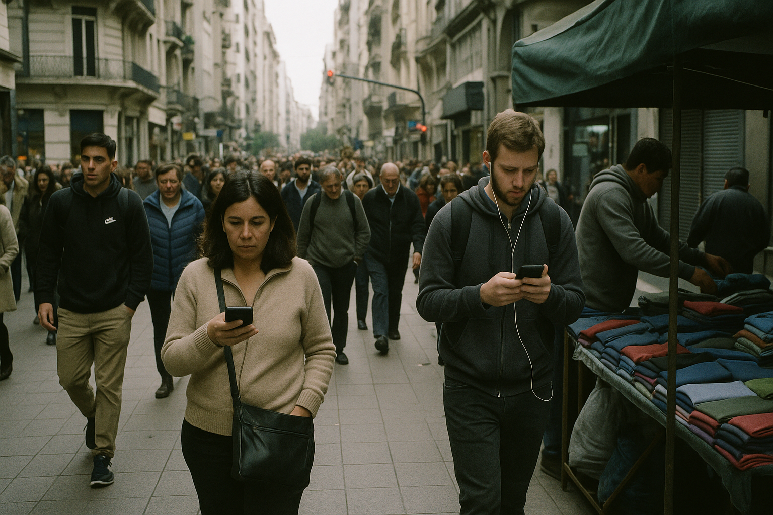 Personas caminando por una calle de Buenos Aires con vendedores ambulantes.