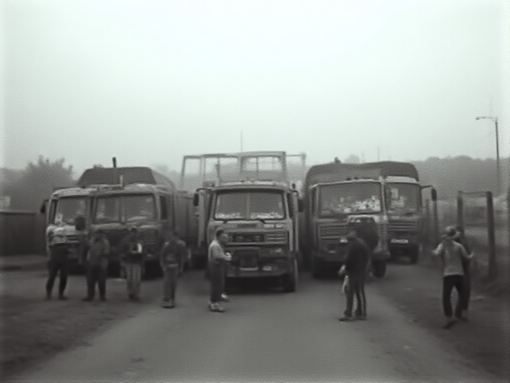 Camioneros conversan junto a sus camiones estacionados frente a un depósito en las afueras de Buenos Aires.