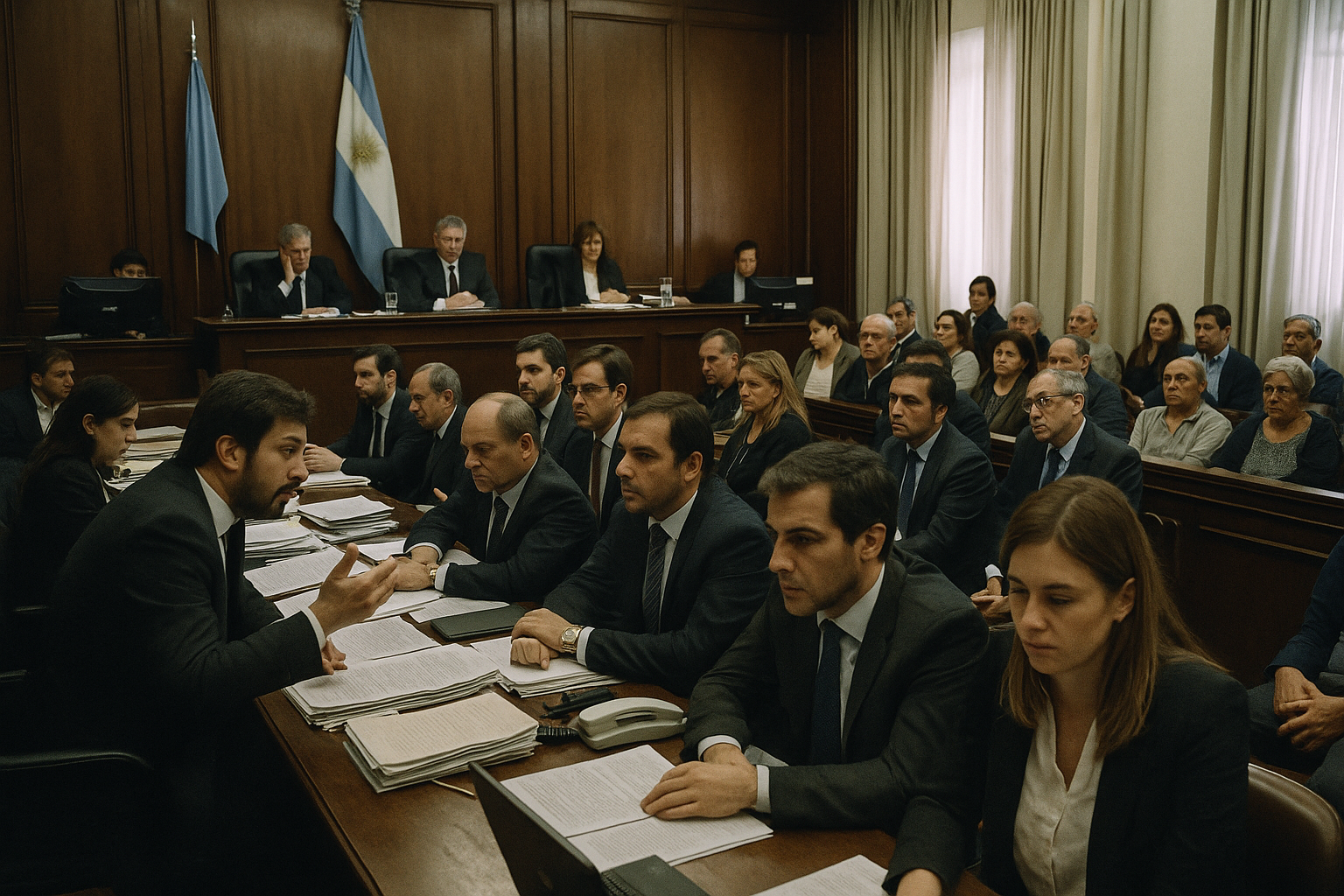 Un tribunal argentino con jueces y abogados en plena actividad judicial.